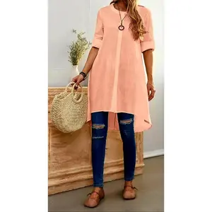 Tunic Hi-Low Blouse in Coral Pink - No Stretch Rolled Up Sleeves Available in Store