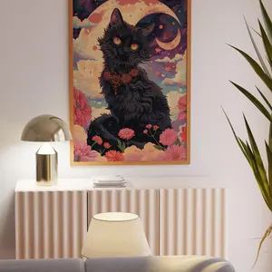 Whimsical Black Cat Art Print - Celestial and Floral Fantasy Poster - Mystical Wall Decor for Cat Lovers Unframed
