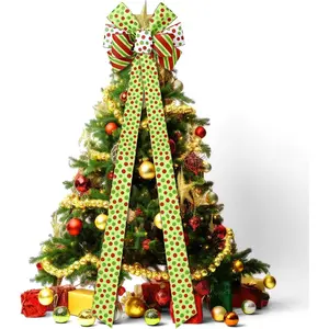 Christmas Tree Topper Bow Wreath 59 x 15.7 Inches Red Green White Polka Dot Stripes Giant Christmas Bow Tree Topper with Glitter Streamers for Xmas Trees Party Favor Decoration