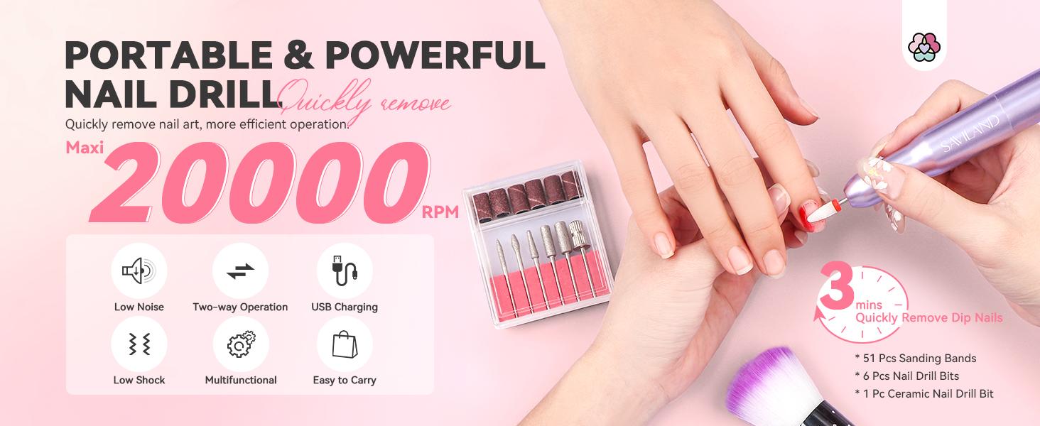 SAVILAND Dip Powder Nail Kit with Drill: 6 Color French Nail Art Perfect Beginners Set Features Pink Nude Glitter Clear Powder DIY Home Manicures