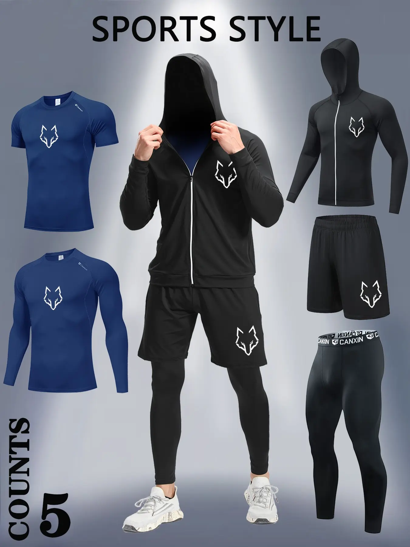 5-Piece Compression Breathable Set, Tight-Fitting Pants & Shorts, Zip Hoodie Jacket, Round Neck Elastic Wolf Print, Ideal for Running Basketball Hiking Training