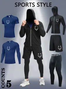 5-Piece Compression Breathable Set, Tight-Fitting Pants & Shorts, Zip Hoodie Jacket, Round Neck Elastic Wolf Print, Ideal for Running Basketball Hiking Training