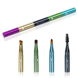 4 in 1 Makeup Brush Set Portable Travel Size Make Up Brushes Detachable Eyeshadow Eyebrow Screw Lip Brush for Powder Liquid Aluminum Handle Premium Synthetic Bristles Brush