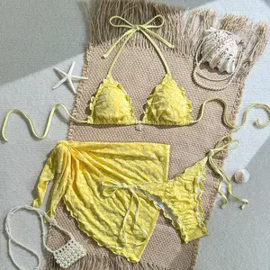 Sexy Yellow Coffee Mesh Skirt 3 Piece Bikini Set Women Ruffles Push Up Bra Bandage Thong Swimsuit Bathing Suit Holiday Swimwear
