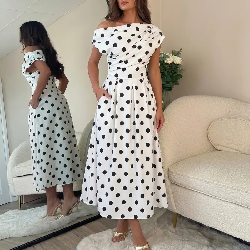 CHICME Women's Skew Neck Polka Dot Maxi Dress Ruched A-Line Swing Dress Elegant Party Cocktail Dress with Pockets CHICME Women's Skew Neck Polka Dot Maxi Dress Ruched A-Line Swing Dress Elegant Party Cocktail Dress with Pockets