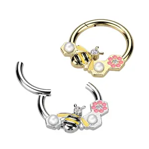 16G Bee Flower Hoop • Hinged Segment • Nose Ring • Septum Clicker • Cartilage Hoop • Daith Hoop • Helix Earring • Conch • Silver • Gold