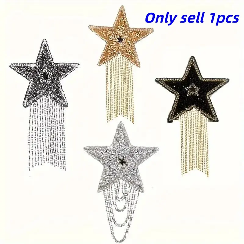 Sparkling Star Rhinestone Design and Chain Tassel Iron-On Patch, DIY Fashion Decor for Clothes, Bags, Accessories, Shoes, and Phone, Hotfix Rhinestone Star