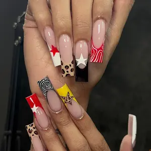 24 pcs of long square acrylic press on nails for cool hot girls sexy leopard print five-pointed star stripes French edge autumn and winter nails brown coffee color gradient high-end red star Y2K punk style fake nails Nail Art Diy Nail Tips Art
