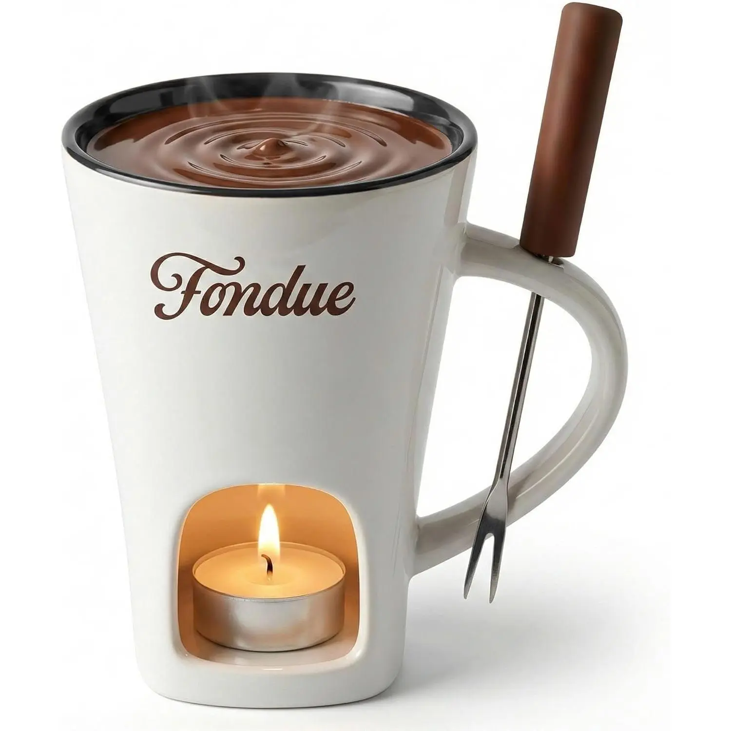 White Chocolate Fondue Mug with Tealight & Fork – Ceramic Single-Serve Fondue Cup for Chocolate & Cheese Dipping
