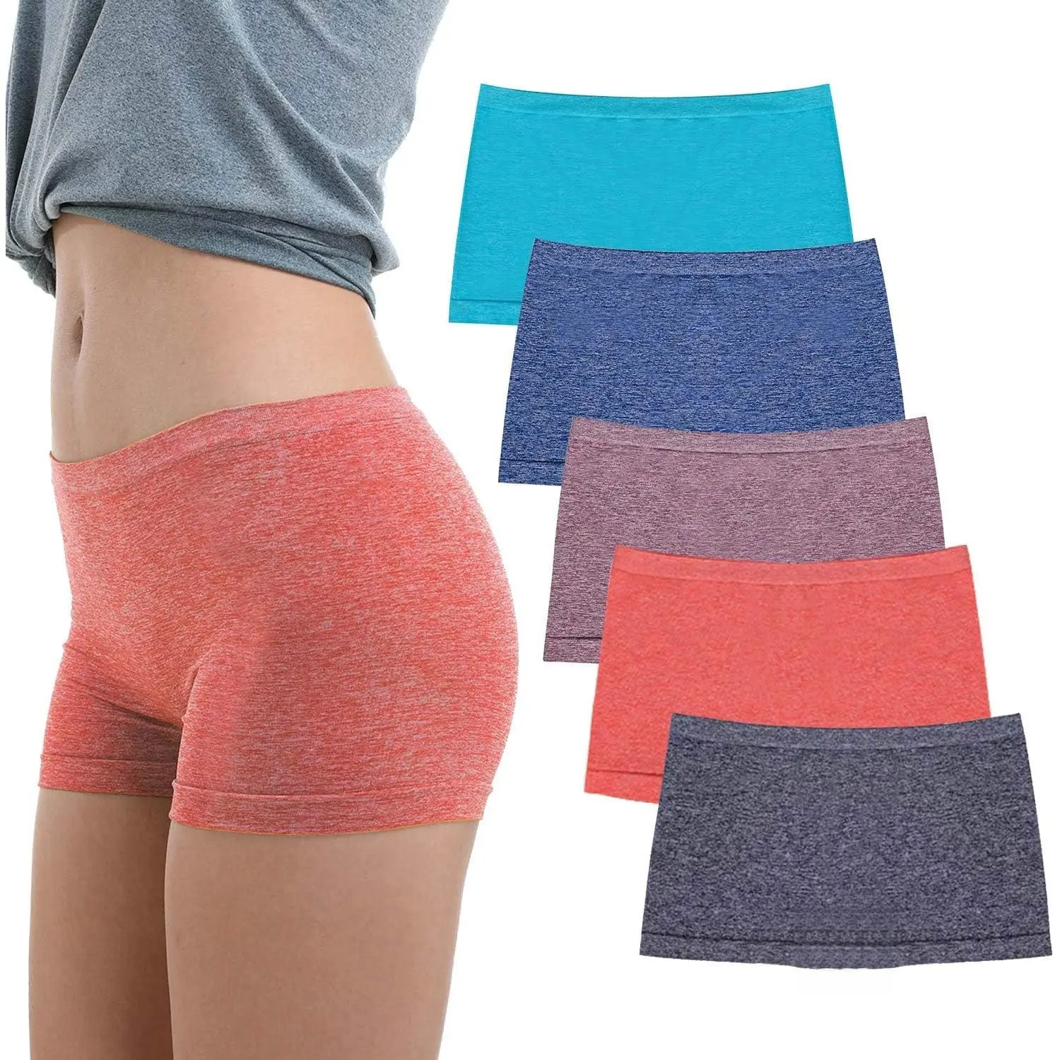Women's Seamless Nylon Boyshort Panties - 5 Pack Comfortable Stretch Boxer Briefs, Breathable Soft Cotton Day Fit, Elastic Flat Leg, No Ride Up, No Panty Lines, Minimalist Basic Lingerie