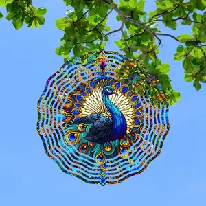 Peacock Design Stained Glass Wind Spinner, 3D Laser-cut Garden Art, 360° Rotating Wind Sculpture for Outdoor & Indoor Decor, Unique Housewarming Gift