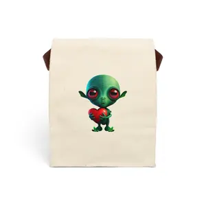 Green Alien Holding Heart Lunch Bag | Canvas Lunch Bag with Strap