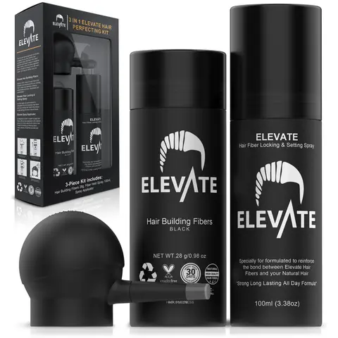 Elevate Hair Fiber Kit with Fiber Hold Spray - Instantly Cover Thinning Hair & Bald Spots with Natural Finish - Haircare Easy To Apply Keratin Protein