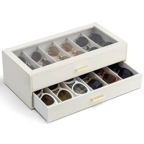 VLANDO PU Leather 12/18/24/30-Grid Scratch-Safe Slots Eyewear Storage Box - Transparent Lid, 2/3/4/5 Drawers, Eye Glasses Holders for Adults, Bedroom Home Organizer, Birthday Gift
