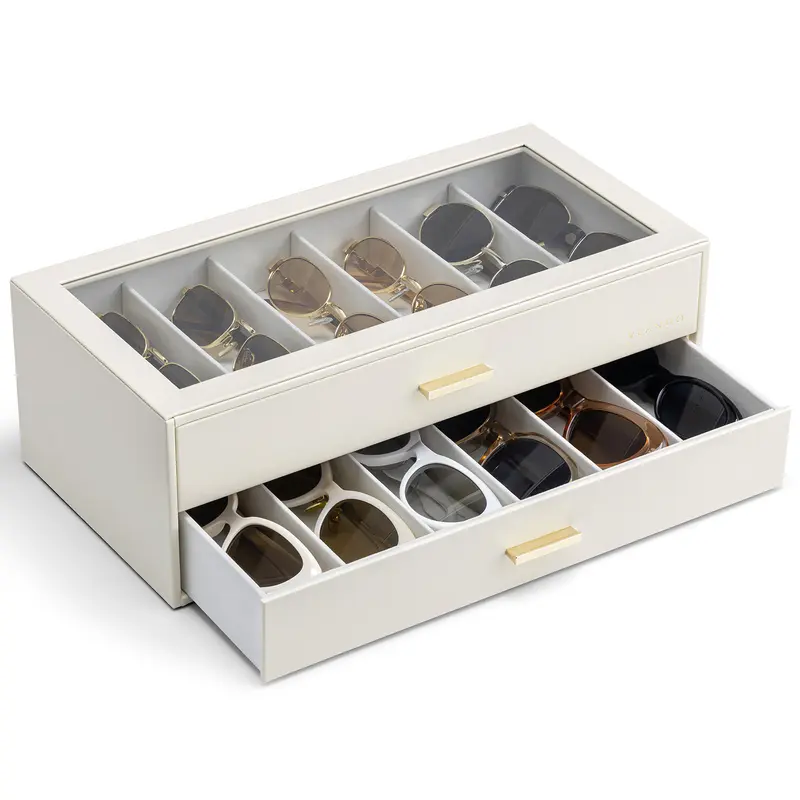 VLANDO PU Leather 12/18/24/30-Grid Scratch-Safe Slots Eyewear Storage Box - Transparent Lid, 2/3/4/5 Drawers, Eye Glasses Holders for Adults, Bedroom Home Organizer, Birthday Gift