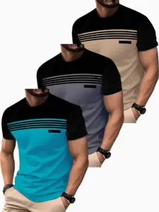 Set of 3 Men’s Short-Sleeve T-Shirts – Striped Panel Design, Casual Minimalist Style, Comfortable and Versatile, Suitable for Summer Wear