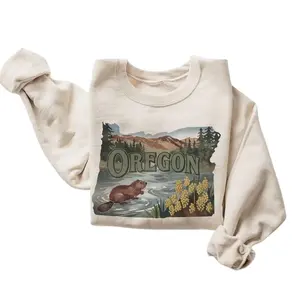Retro Oregon Sweatshirt, Unisex 90s Boho Style Beaver & Grapes Graphic Crewneck, Casual Long Sleeve Cotton Blend Pullover
