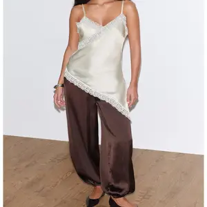 Women Lace Trim Satin Tank Top V Neck Silk Camisole Tops Asymmetrical Backless Spaghetti Strap Tank Cami Shirts Streetwear