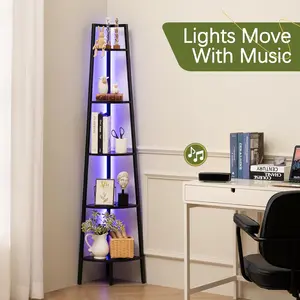 Corner Shelf Stand, 5-Tier Bookshelf with LED Lights & Steel Frame, Tall Storage Shelves for Living Room, Bedroom, Office, Multi-Purpose Display Bookcase