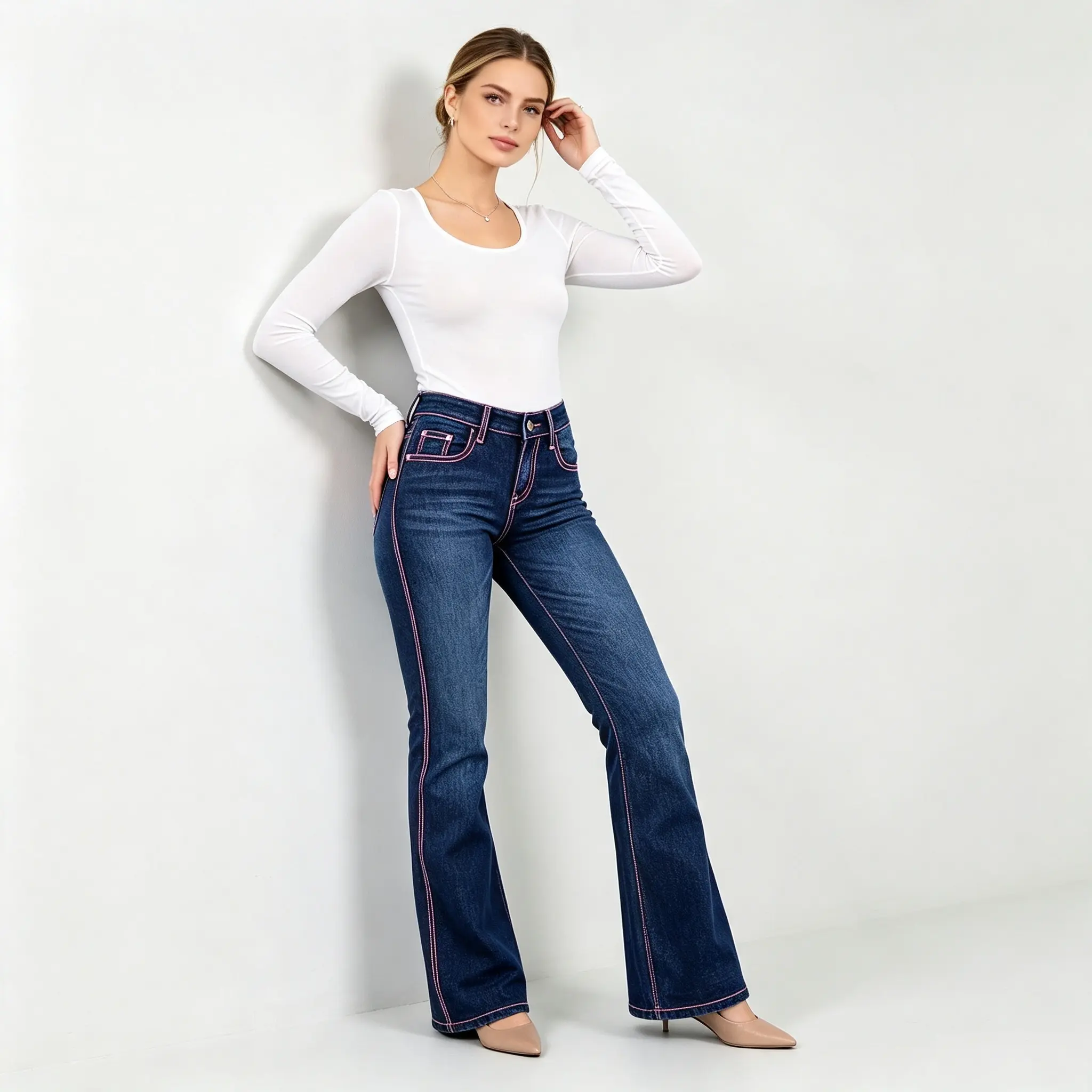 Women's High Rise Contrast Pink Stitching Flared Bootcut Jeans Vintage Dark Wash Denim Pants
