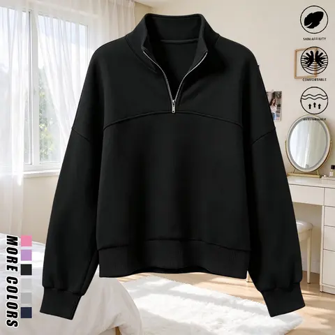 Women’s fashion casual sweatshirt with a half-zip design, warm and comfortable autumn/winter outerwear with zipper details; women’s top, women’s clothing, womenswear