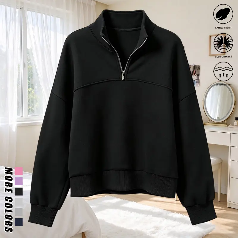 Women’s fashion casual sweatshirt with a half-zip design, warm and comfortable autumn/winter outerwear with zipper details; women’s top, women’s clothing, womenswear