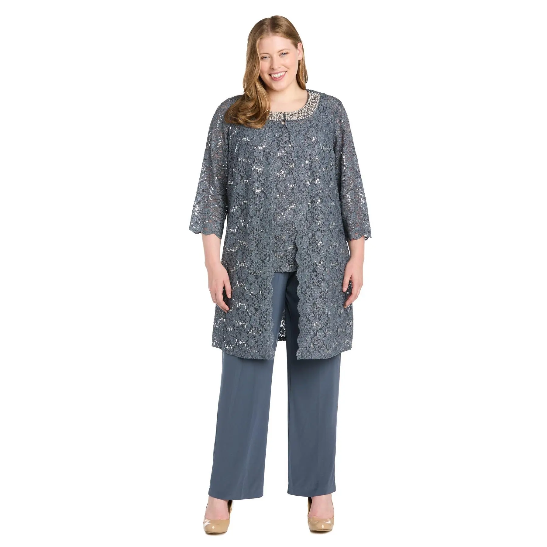 Lace Pantsuit with Pearl Neckline - Plus