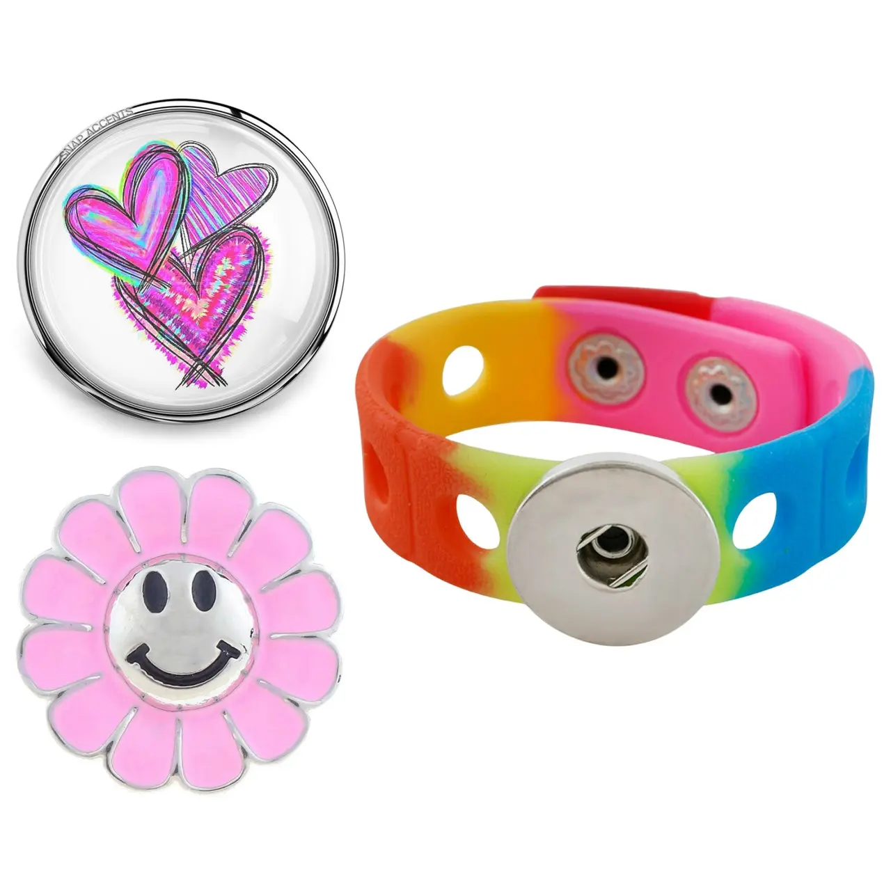 Snap Jewelry Set - 2 Snap Charms, 1 Small Silicone 7 in. Bracelet Bundle, Fits 18MM 20MM Ginger Charm Buttons