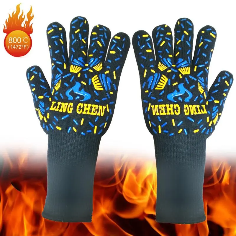 Barbecue Fireproof Gloves Heat Resistant Up To 1472°F Non Slip Silicone Oven Gloves 13.5 Inches Kitchen Safety Cooking Frying Mites