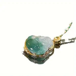 Elegant Bohemian Style Yellow Faux Jade Laughing Buddha Pendant Necklace - Alloy with Synthetic Gemstone, Unplated Fashion Accessory for Women