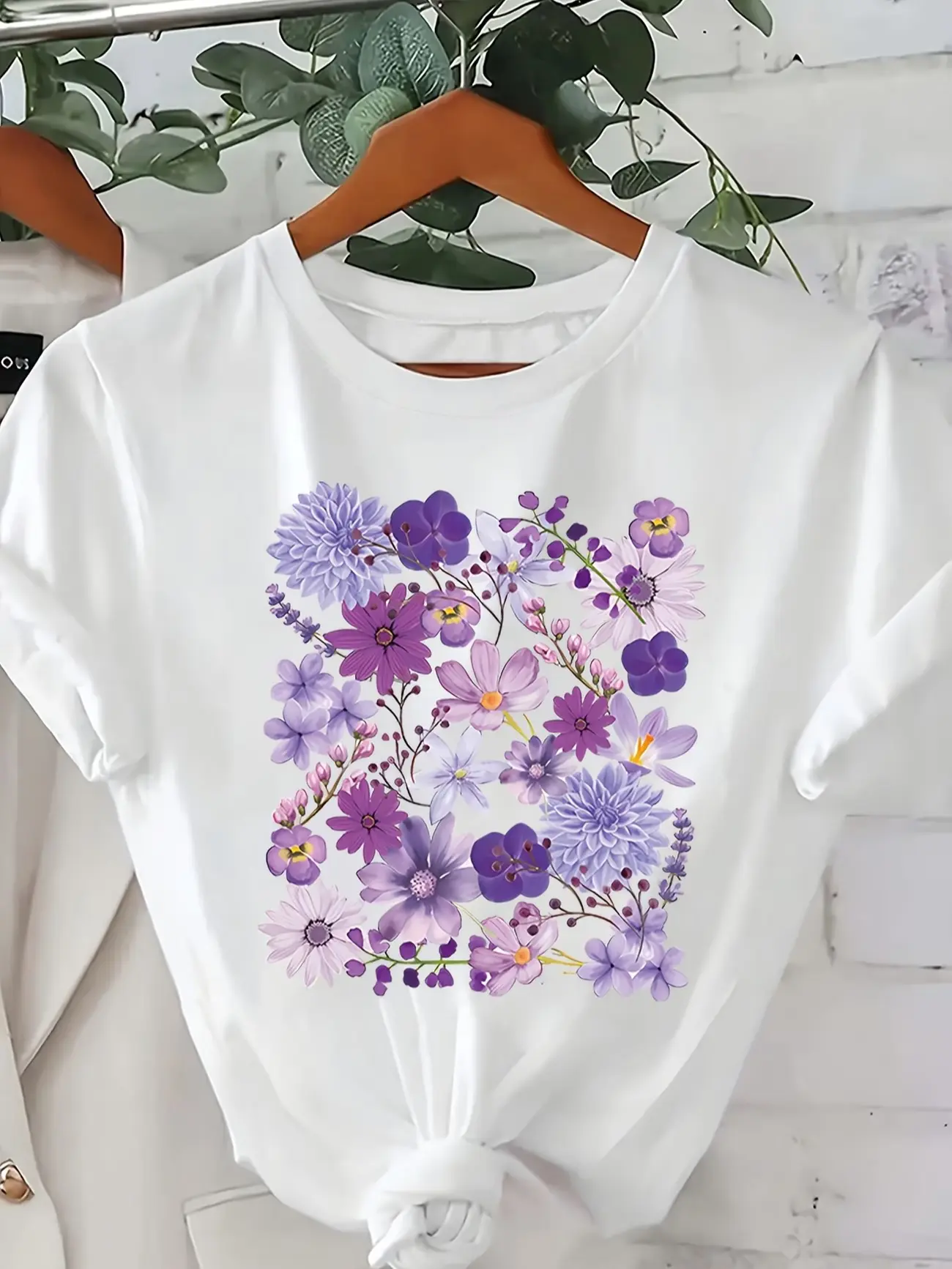 Women's Organic Cotton Crew Neck Short Sleeve T-Shirt - Purple Wildflower Watercolor Dahlia Lavender Daisy Floral Print, Aesthetic Botanical Casual White Top, Machine Washable, Shortsleeve