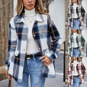 Women's Plaid Button-Down Shacket Lightweight Shirt Jacket with Collared Neckline & Long Sleeves for Fall Winter Layering