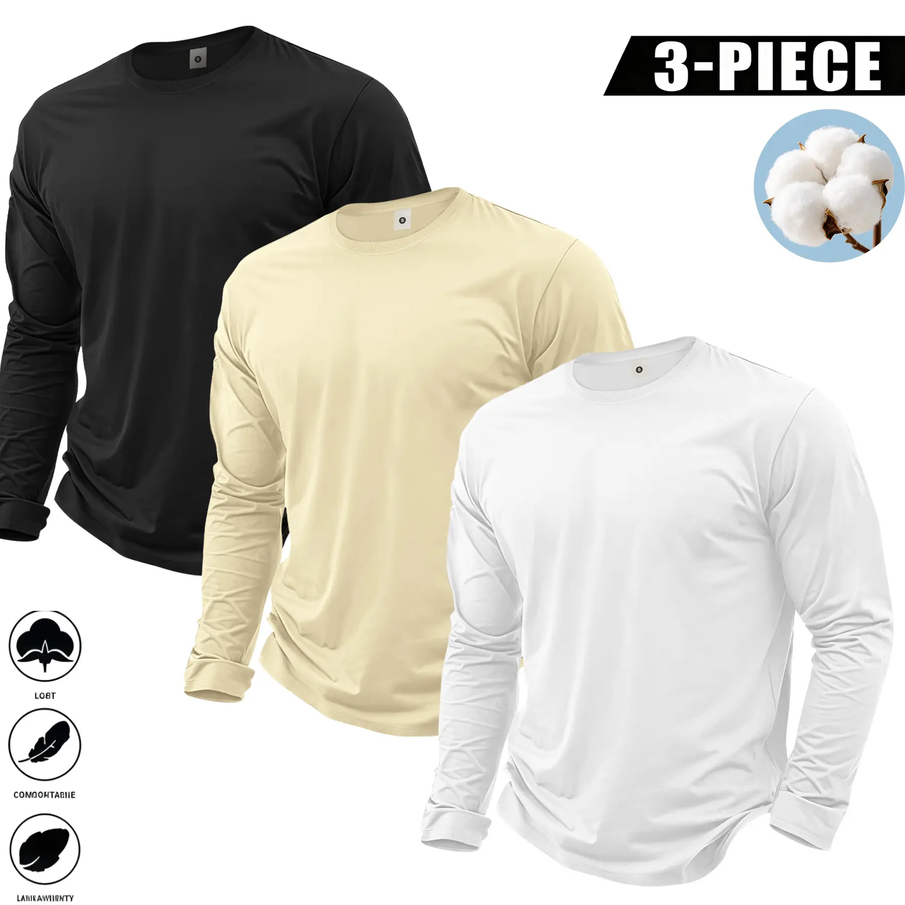 Men's Vintage Cotton Multi-Pack Long Sleeve Shirts - Unisex All-Season Athletic Fashion Tops for Outdoor Sports, Gym Workouts, Ideal Gift for Boyfriends