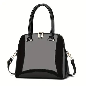[Glossy Patent Handbag] Large Glossy Patent Handbag | Adjustable Shoulder Strap, Zipper Closure, Metallic Hardware | Elegant Solid Color Design for Women (Black)