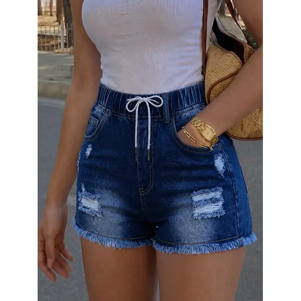 Women's Elastic Drawstring Waist Distressed Ripped Gradient Wash Raw Frayed Hem Stretch Casual Summer Denim Shorts, Fit for Beach Wear, Versatile Match with Tops & Bottoms, Women's Clothes, Jean Shorts, Elastic Waist Shorts For Women