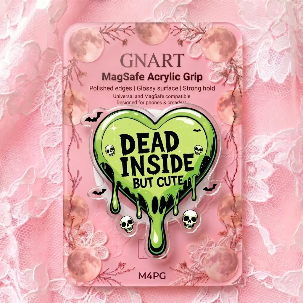 Dead Inside But Cute MagSafe Phone Grip | Creepy Cute Green Slime Heart Acrylic Holder | Spooky Pastel Goth Cell Phone Stand | Funny Halloween Tech Gift