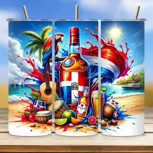 Dominican Republic Tumbler - Colorful Design Featuring Parrot Guitar & Tropical Beach Scene Drinkware