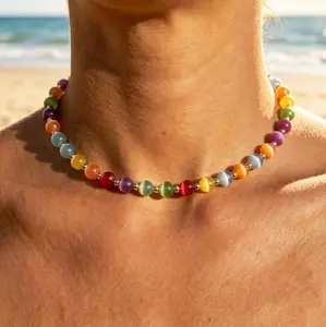 Dopamine Necklace UV Reactive Colorful Rainbow Beaded Necklace Dopamine Jewelry Set Color Changing Mood Necklaces Bracelet Earrings Summer Beach Vacation Gift for Women