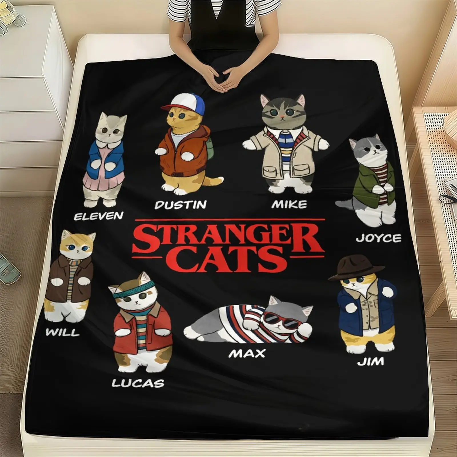 Stranger Cats Blanket , Retro 80s Funny Cat Graphic Blanket ,  Retro Sci Fi Cat Flannel Blanket ,Suitable for Sofa, Bed, Office and Outdoor Use ,Cozy Warm  Blankets All Seasons Living Room Decor