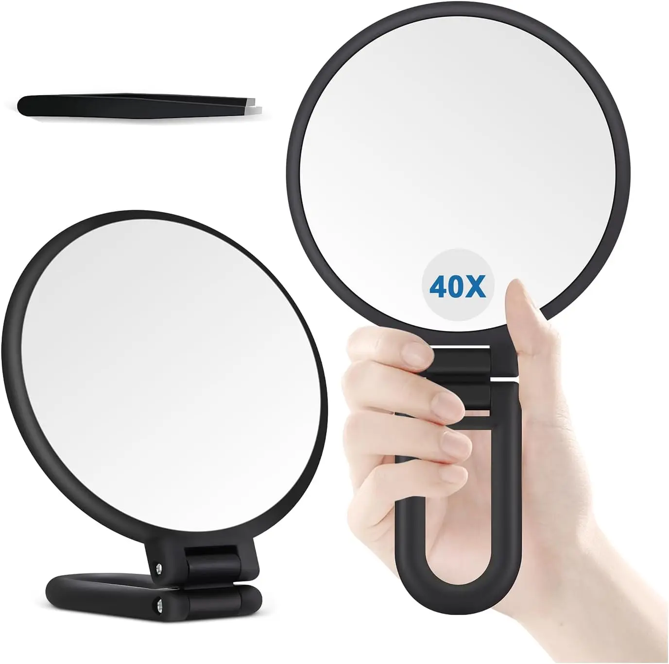 B Beauty Planet 40X Magnifying Mirror, Hand Mirror for Makeup, Double Sided with 40X/1X Magnification, Travel Essential, Portable Foldable for Desktop and Bathroom, Gift for Women, Frosted Black