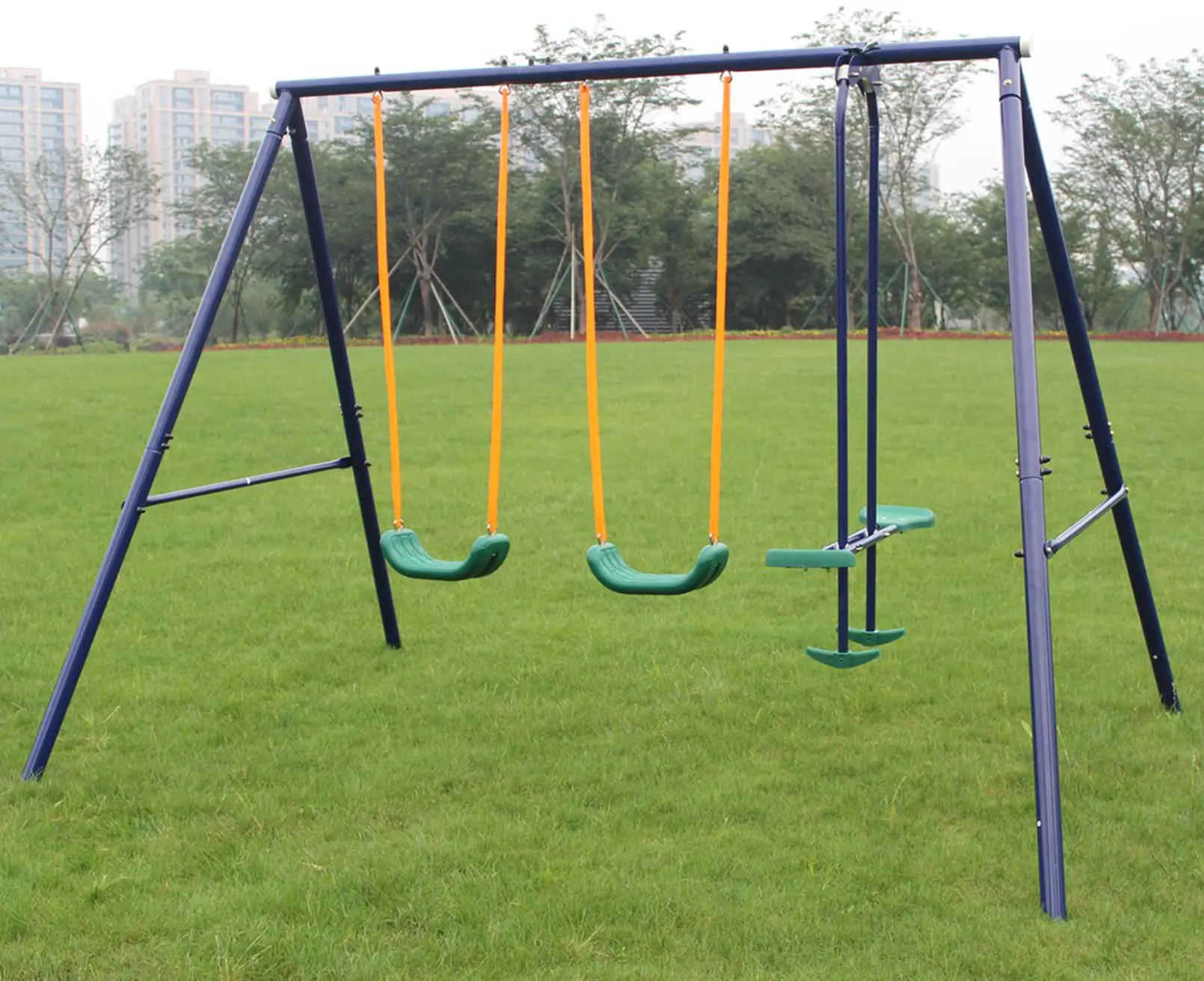 Metal Swing Set with Glider, Kids Outdoor Play Set, Sturdy Steel Frame, Durable Weather-Resistant Construction, Easy Assembly, Safe & Comfortable, 124"x74"x73" Outdoor Playground Equipment, Outdoor Play Sets