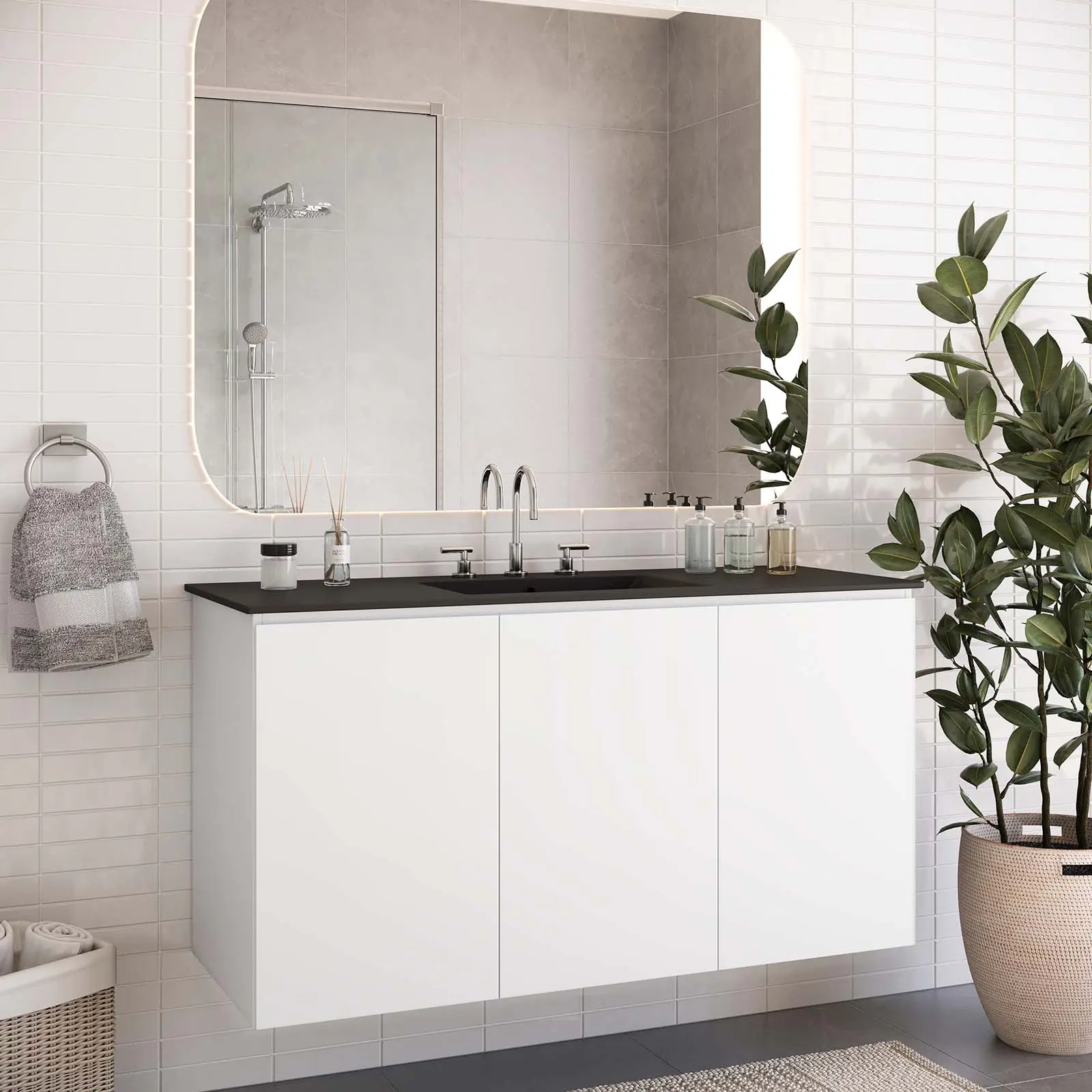 Modway Bryn 48" Modern Wall-Mount Bathroom Vanity - White and Black, Ceramic Integrated Countertop, Particleboard Construction, Ample Storage, Clean-Lined Sleek Look, Cut-Out Design, Soft-Close Doors, Space-Saving, Assembly Required