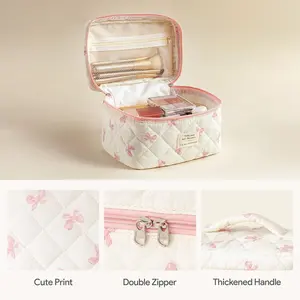 Floral Pattern Quilted Cosmetic Bag Set with Pink Bow Accents for Travel and Makeup Organization multifunctional organizer