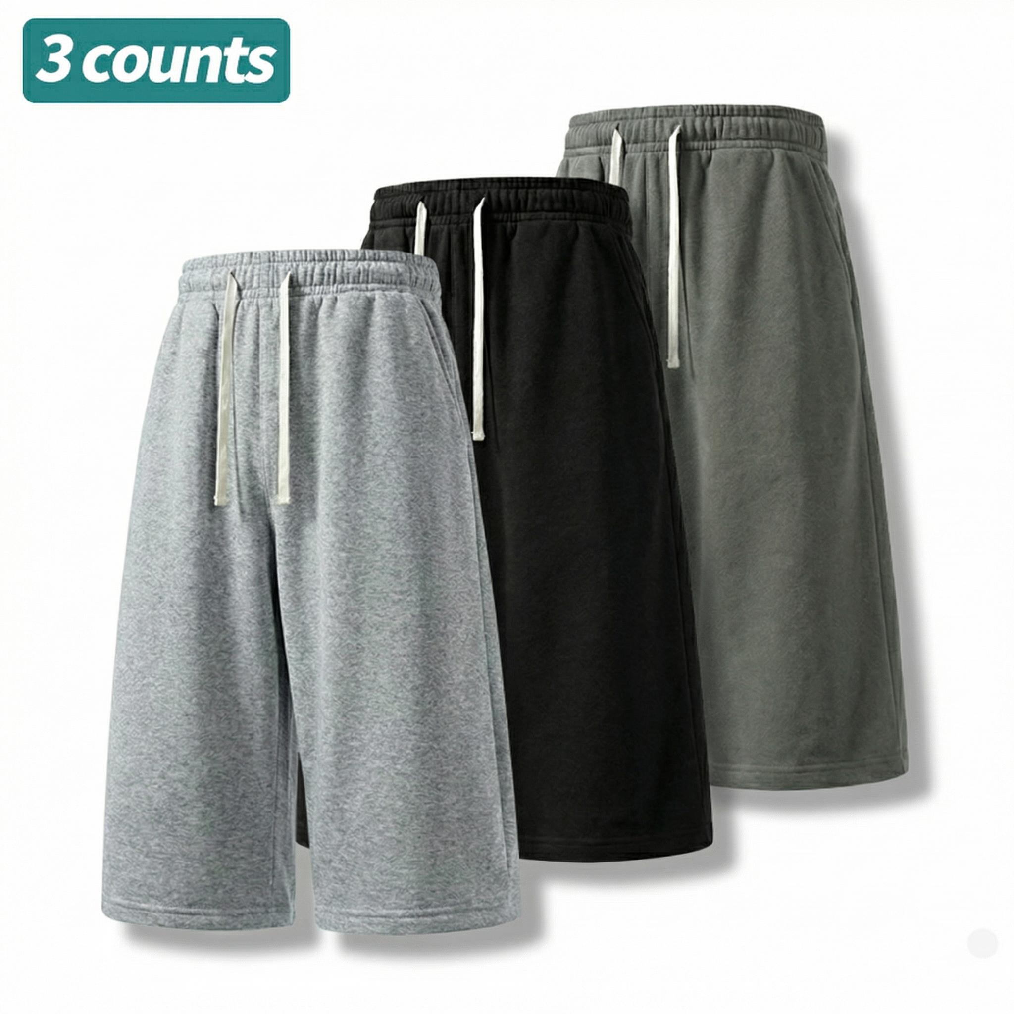 3-pack men’s casual athletic shorts, loose and versatile outdoor shorts, solid color with a simple drawstring design, suitable for everyday commuting and running.