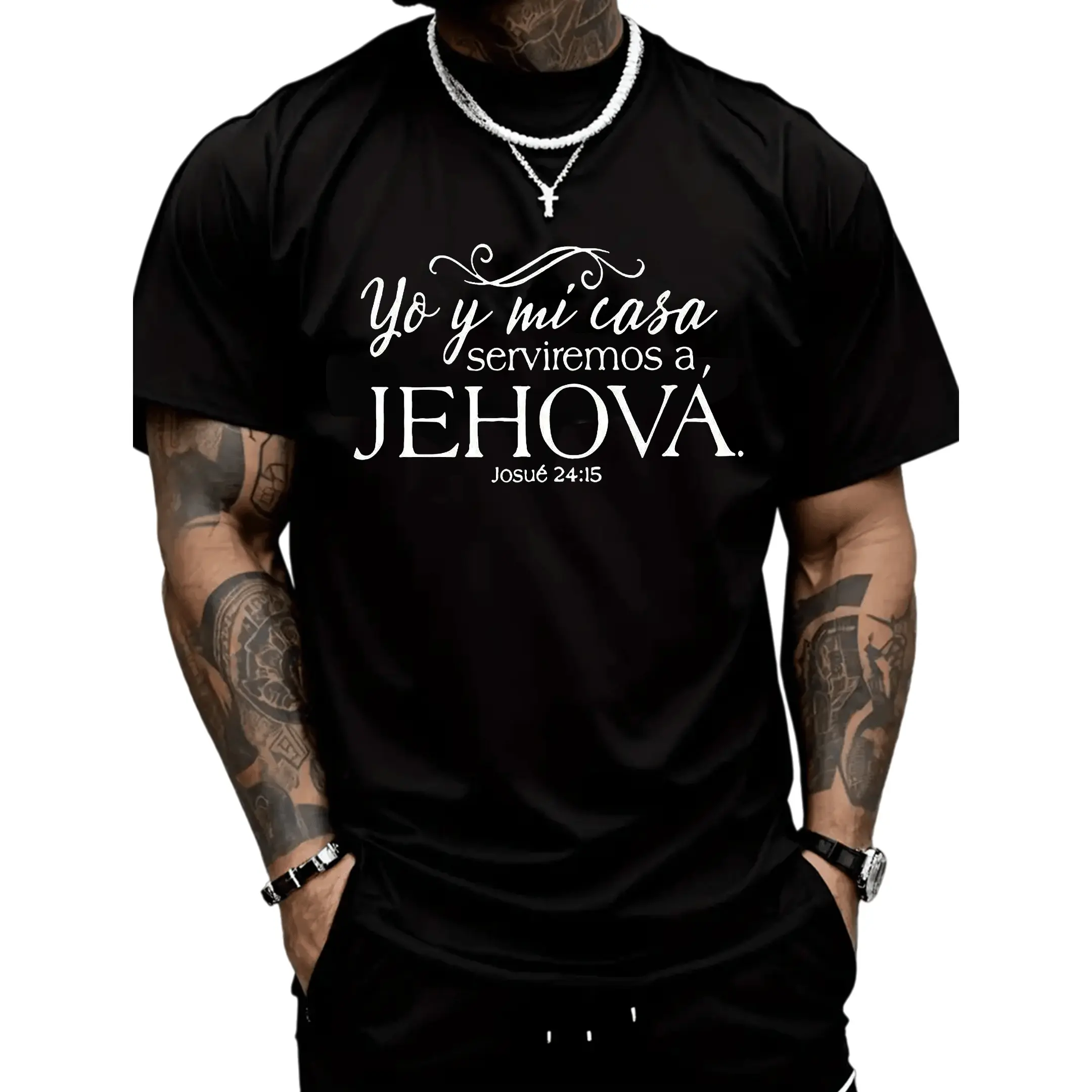 Spanish Christian T-Shirt for Men, ‘Yo y Mi Casa’ Jehovah Faith Graphic Tee, Summer Casual Round Neck Top