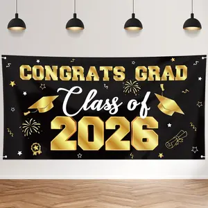 Congrats Grad Class of 2026 Backdrop Banner, Black Gold Graduation Party Decorations, Large Graduation Photo Background Banner for 2026 Graduation Party Supplies,70.8x43.3 Inch