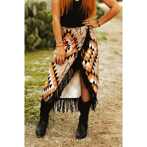 Aztec Fringe Asymmetrical Wrap Skirt