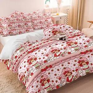 Cute Pink Strawberry Cartoon Bedding Set, 1 Duvet Cover + 1/2 Pillowcases, Cozy Soft Breathable Microfiber Duvet Cover, Sweet Girly Aesthetic, All Season Lightweight Bed Set for Teen Girls
