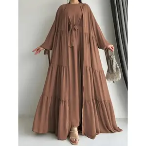 Stylish Crew Neck Long Sleeve Maxi Abayas Dress - Elegant Ruffle Hem, Micro Elastic Polyester Fabric, Machine Washable, Solid Color, Middle East Style - Womens Clothing for All Seasons