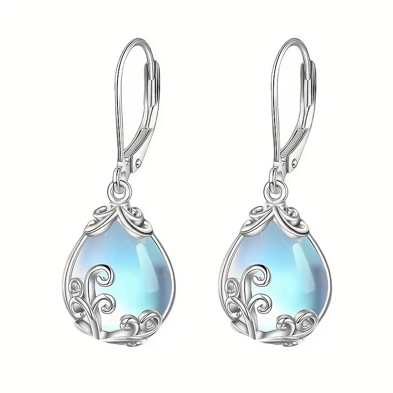 Sicbumi Women's Elegant Moonstone Filigree Drop Dangle Earrings 925 Sterling Silver Moonstone Leverback Teardrop Earrings for Women Jewelry Gifts